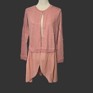 LOGO By Lori Goldstein Slub Knit Cardigan with Chiffon Trim Size Small